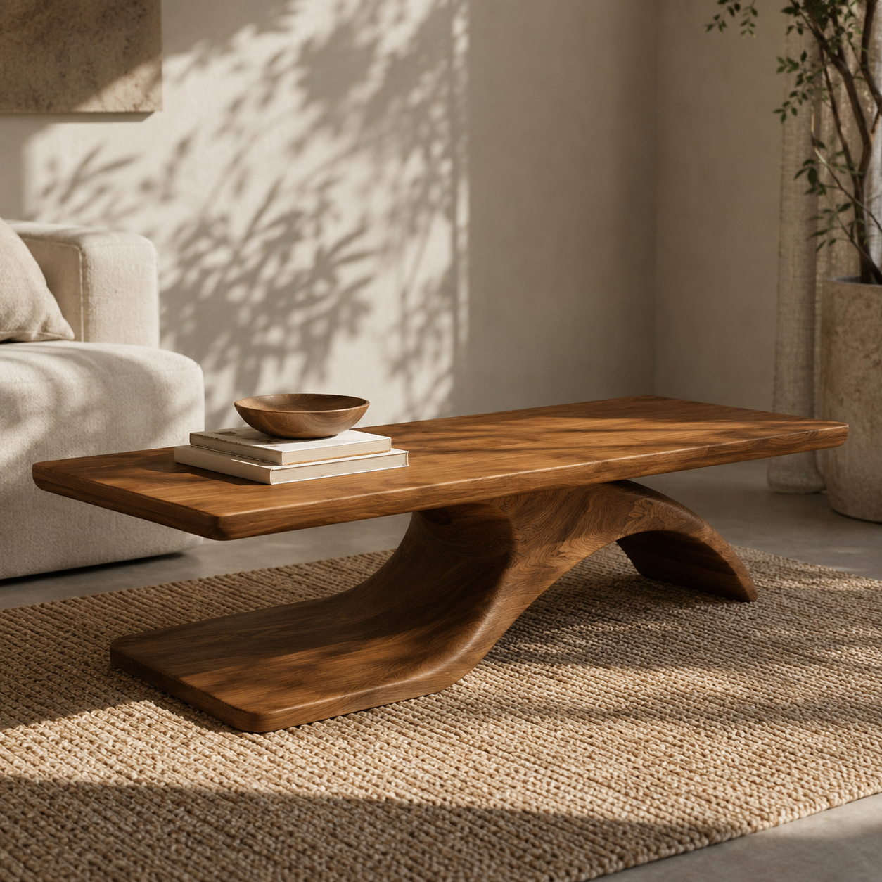 Sculptural Hollow Base Solid Wood Coffee Table For Living Room