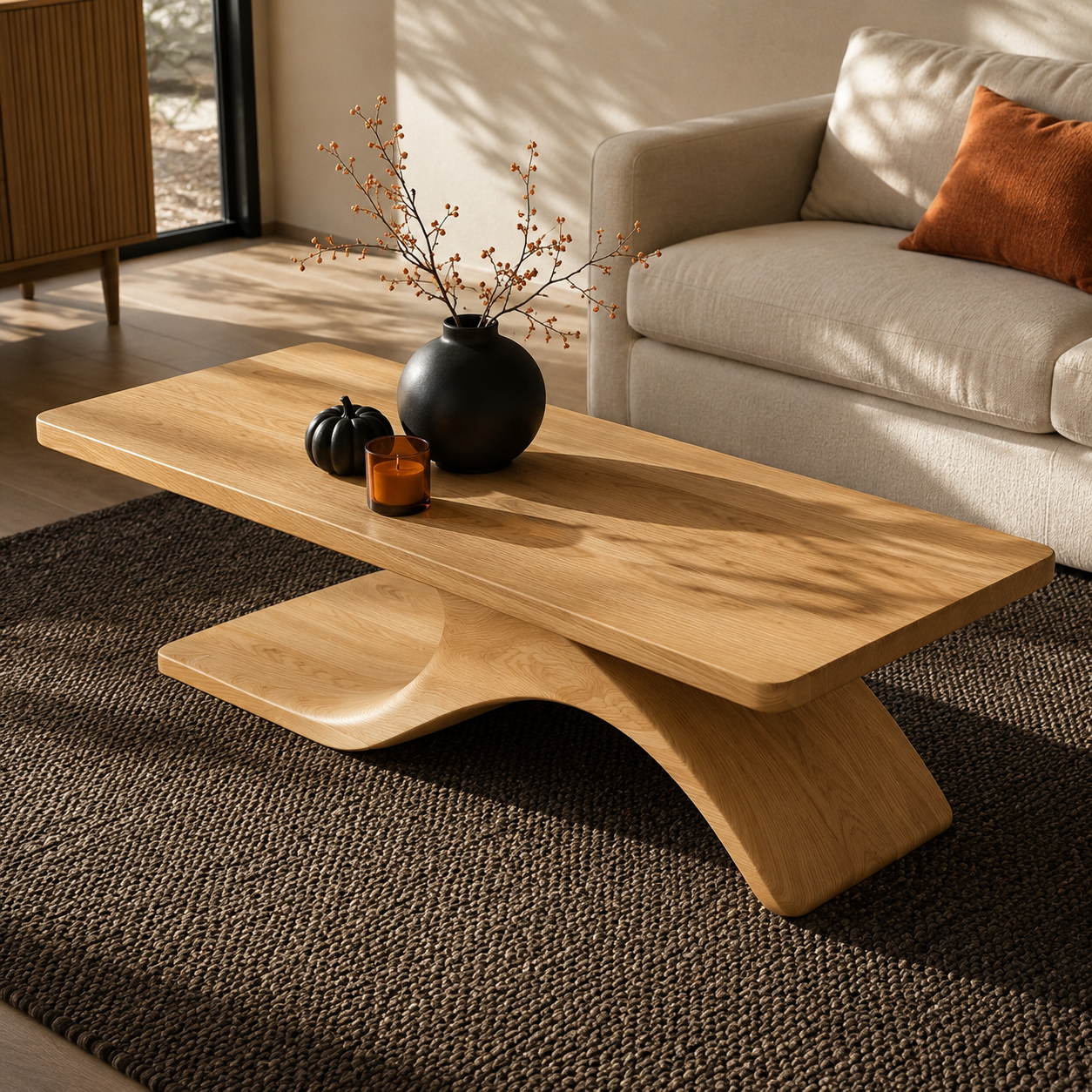 Sculptural Hollow Base Solid Wood Coffee Table For Living Room