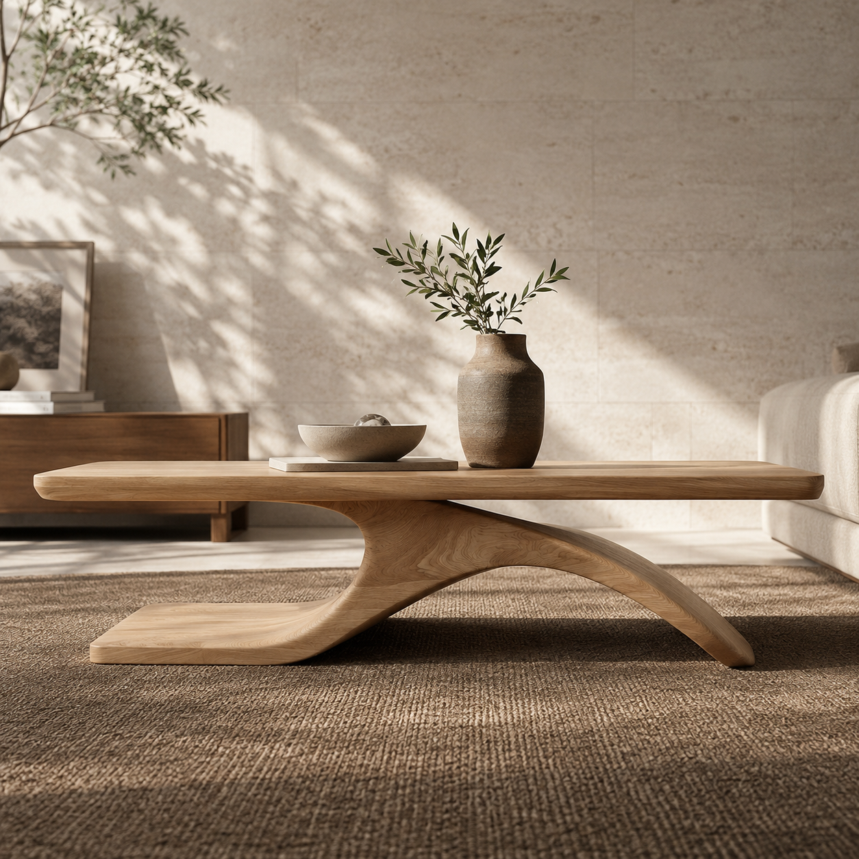Sculptural Hollow Base Solid Wood Coffee Table For Living Room