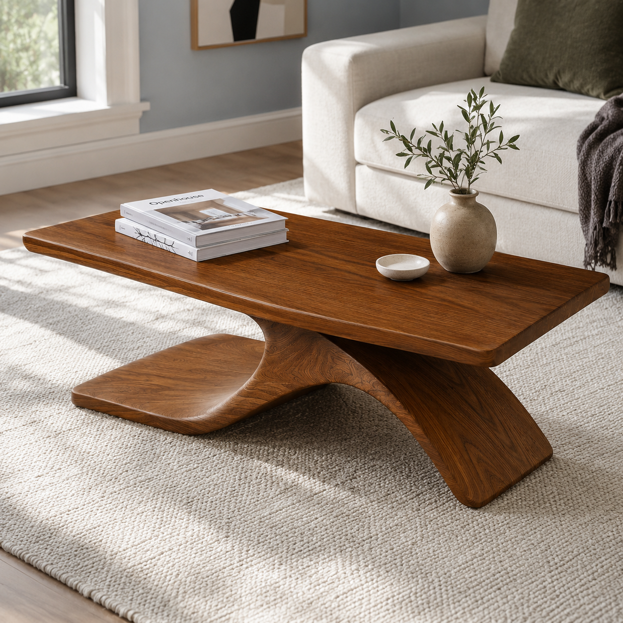 Sculptural Hollow Base Solid Wood Coffee Table For Living Room