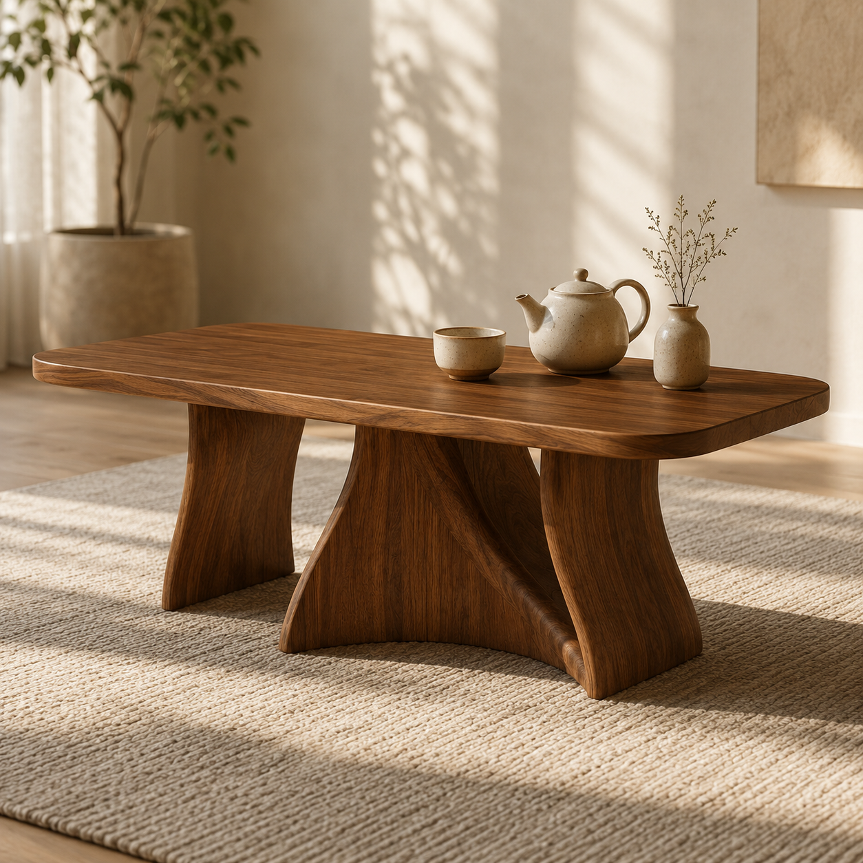 Tidelon Wave Design Solid Wood Coffee Table For Living Room