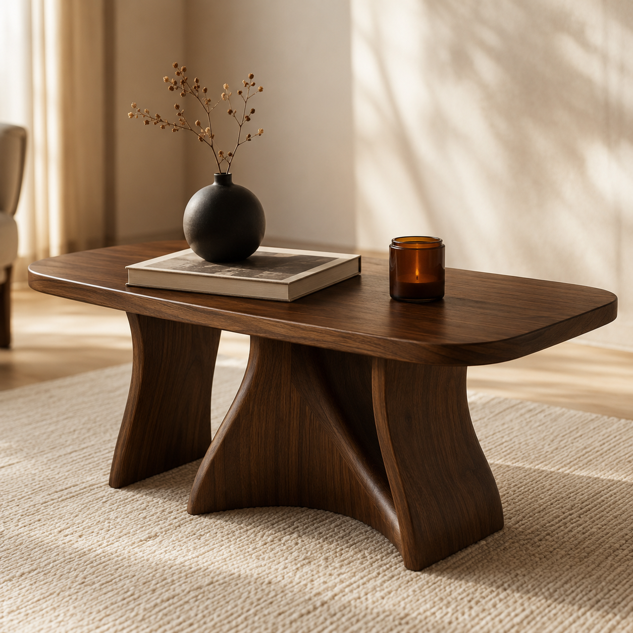 Tidelon Wave Design Solid Wood Coffee Table For Living Room