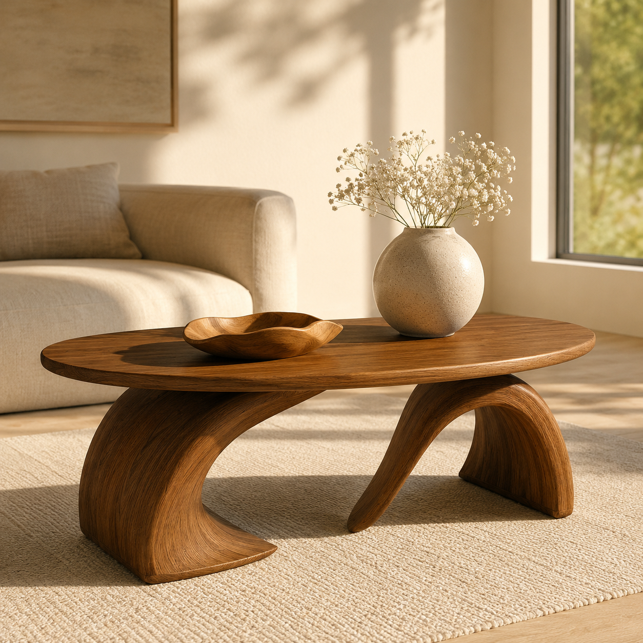 Orvado Organic Solid Wood Coffee Table With Shelf For Living Room