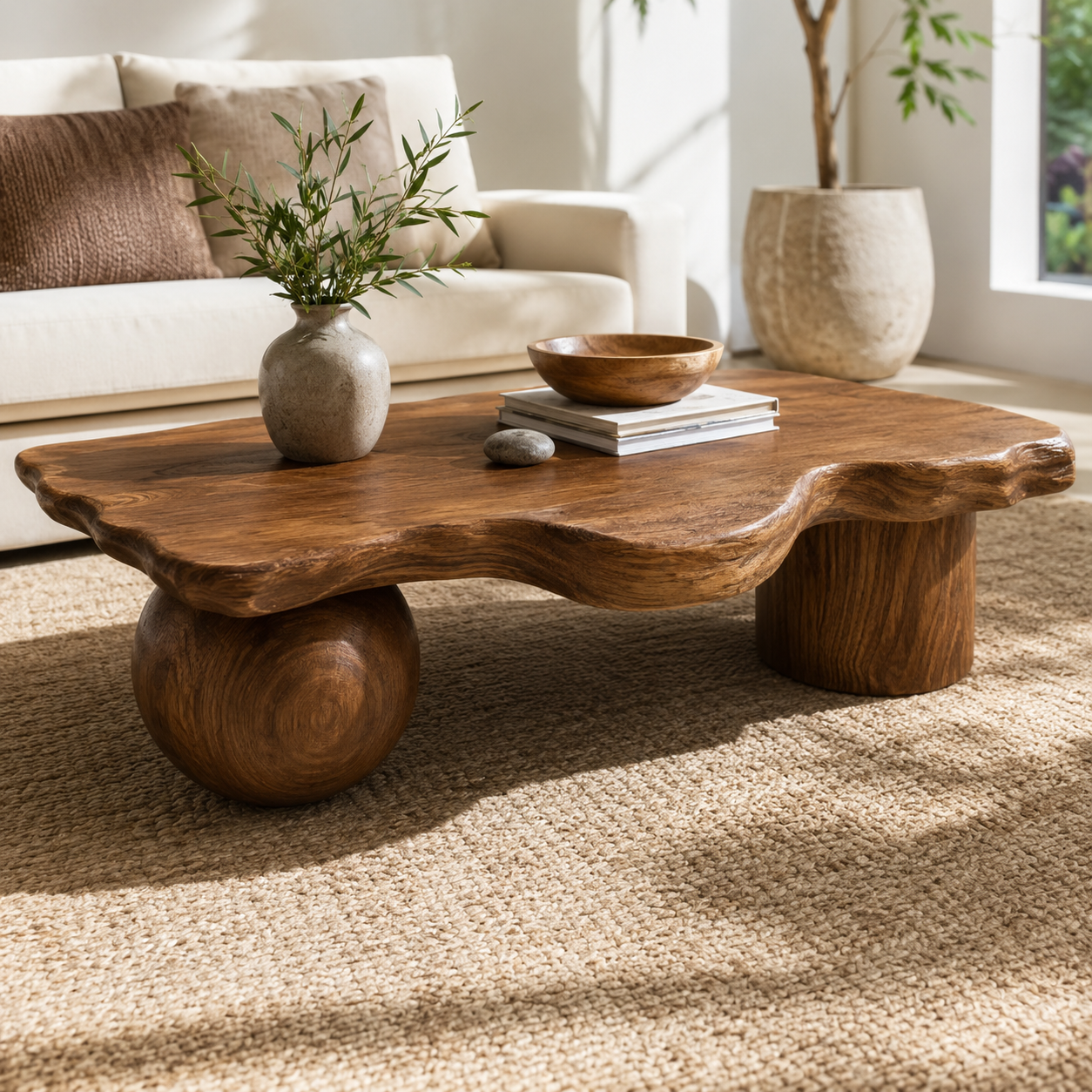 Rovian Twin-Form Base Solid Wood Coffee Table For Living Room