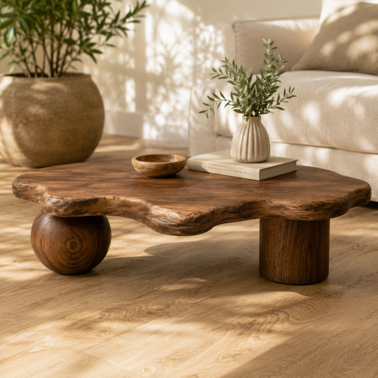 Rovian Twin-Form Base Solid Wood Coffee Table For Living Room
