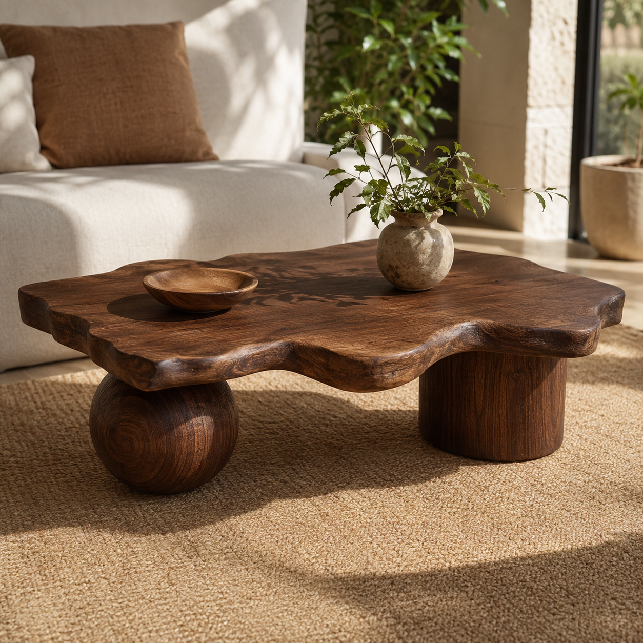 Rovian Twin-Form Base Solid Wood Coffee Table For Living Room