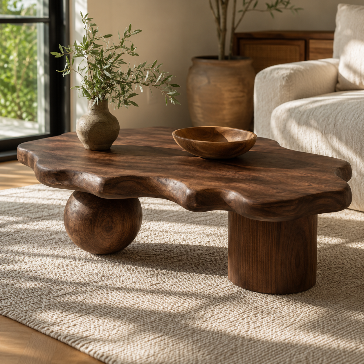 Rovian Twin-Form Base Solid Wood Coffee Table For Living Room