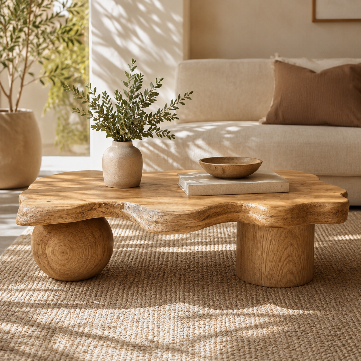 Rovian Twin-Form Base Solid Wood Coffee Table For Living Room