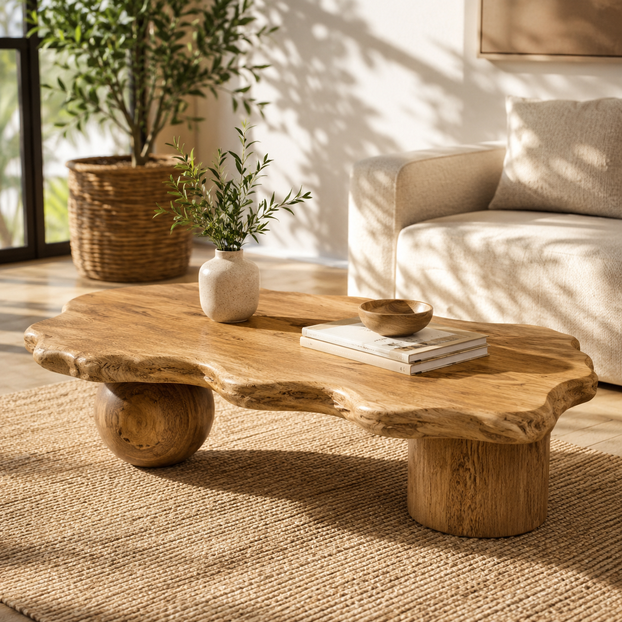 Rovian Twin-Form Base Solid Wood Coffee Table For Living Room