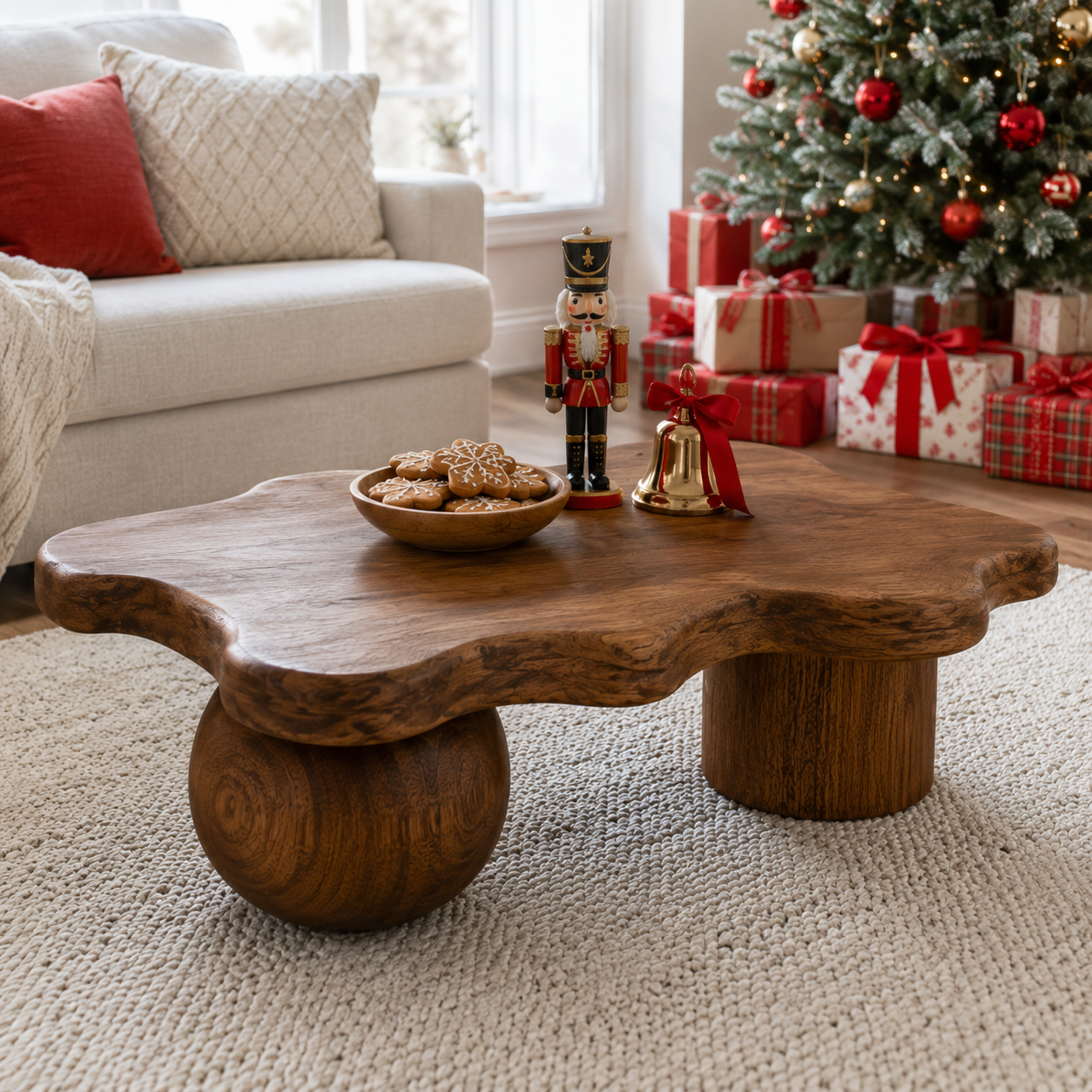 Rovian Twin-Form Base Solid Wood Coffee Table For Living Room