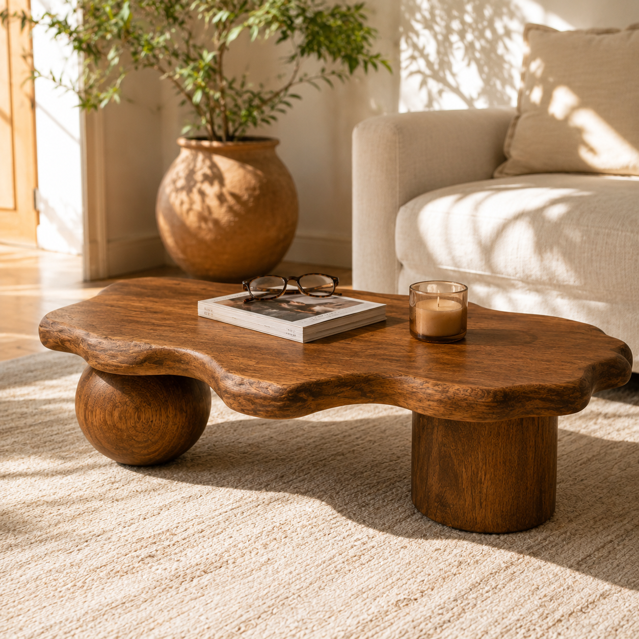 Rovian Twin-Form Base Solid Wood Coffee Table For Living Room