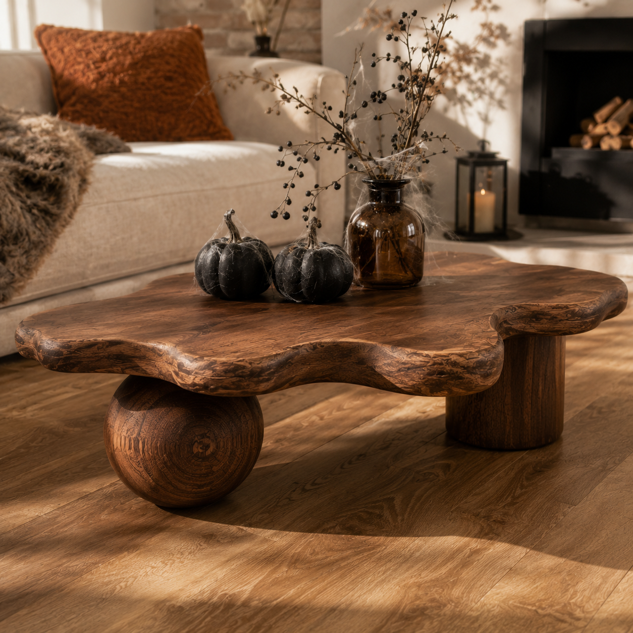 Rovian Twin-Form Base Solid Wood Coffee Table For Living Room