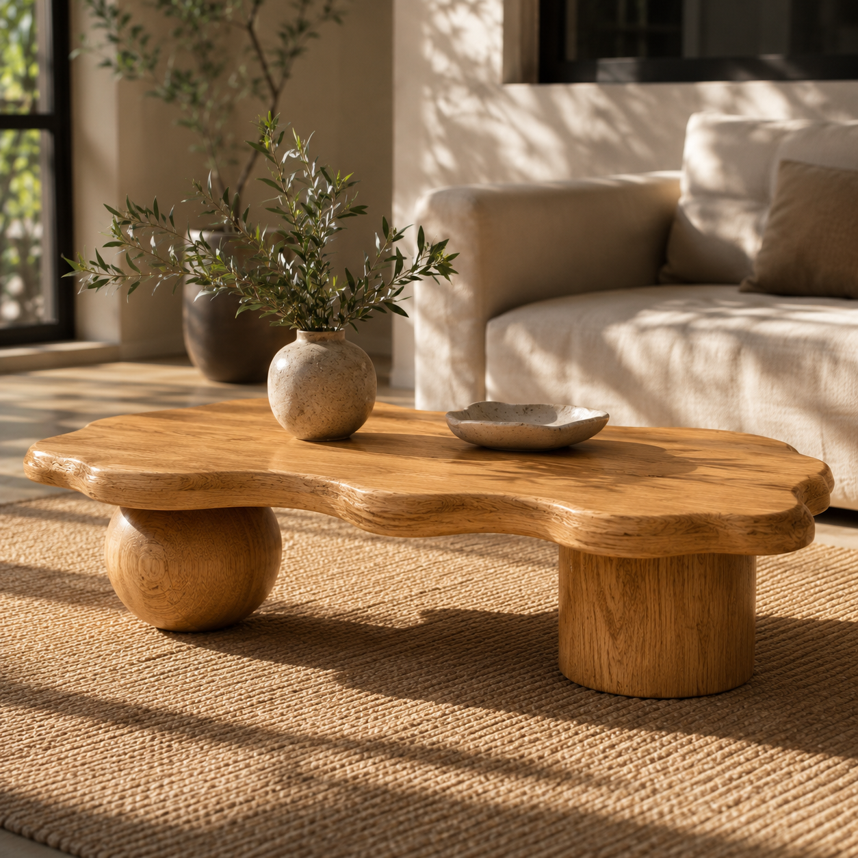 Rovian Twin-Form Base Solid Wood Coffee Table For Living Room