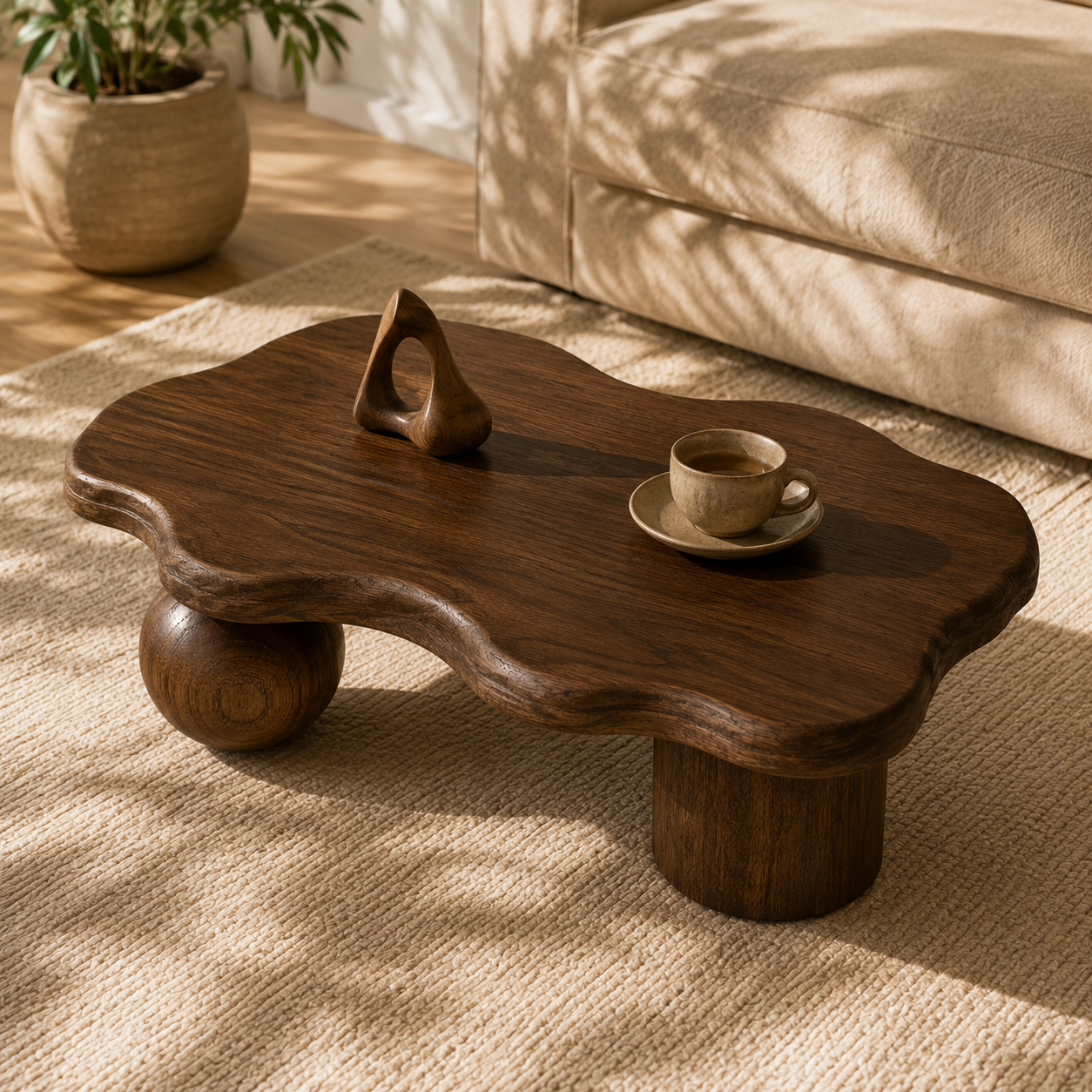 Rovian Twin-Form Base Solid Wood Coffee Table For Living Room
