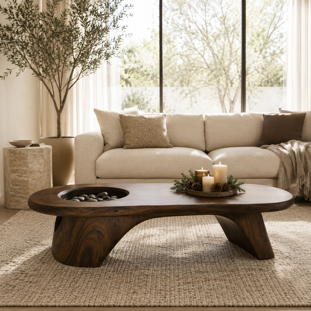 Tharon Sunken Basin Solid Wood Coffee Table For Living Room