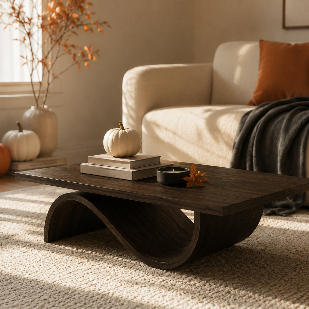 Curvilinear Wave Solid Wood Coffee Table For Living Room