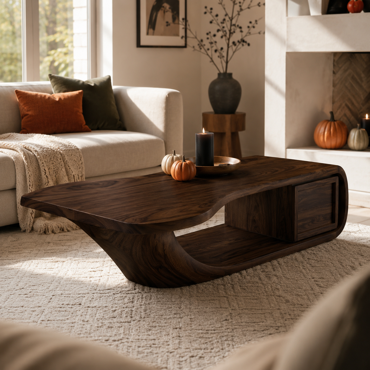 Sculptural Open Loop Solid Wood Coffee Table For Living Room