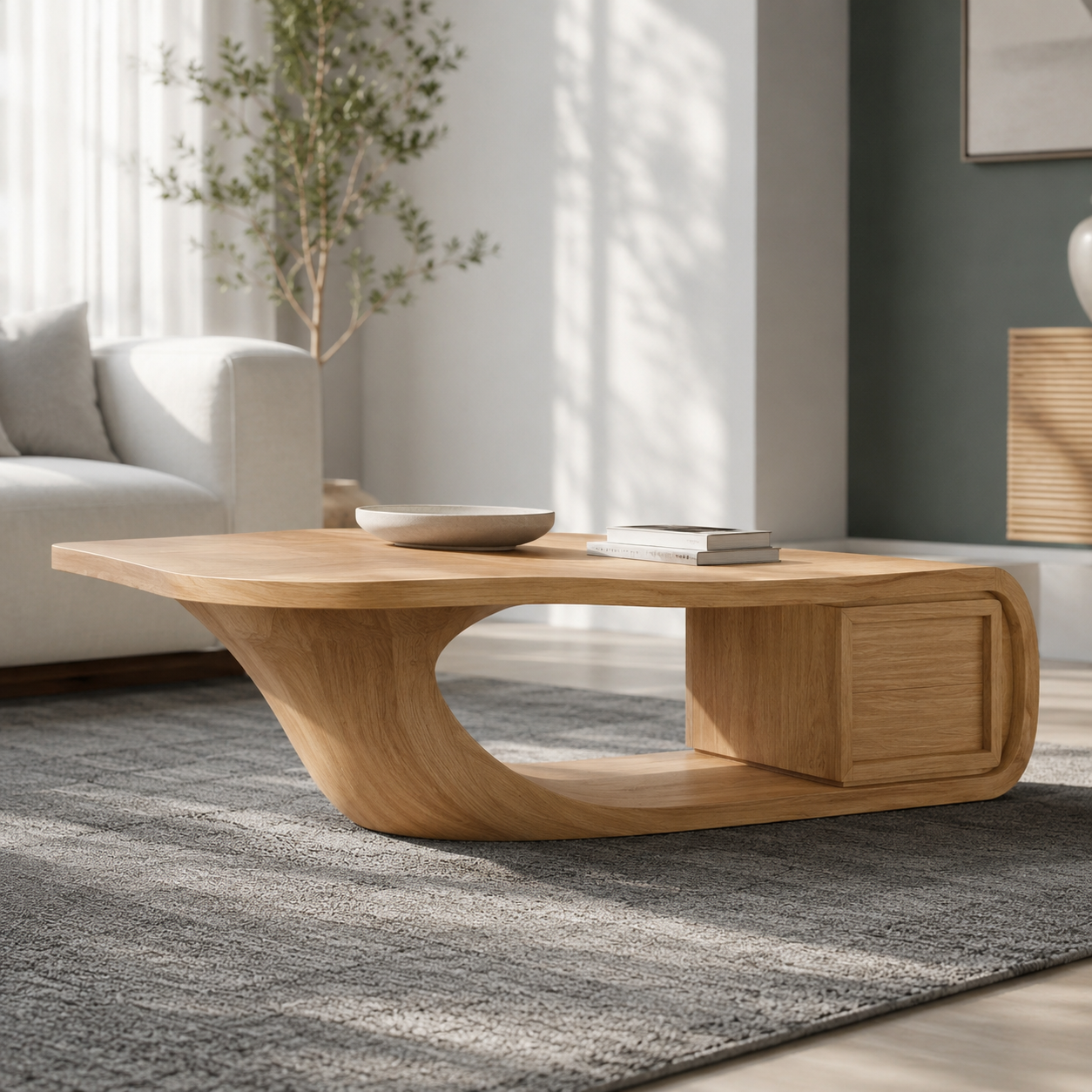 Sculptural Open Loop Solid Wood Coffee Table For Living Room