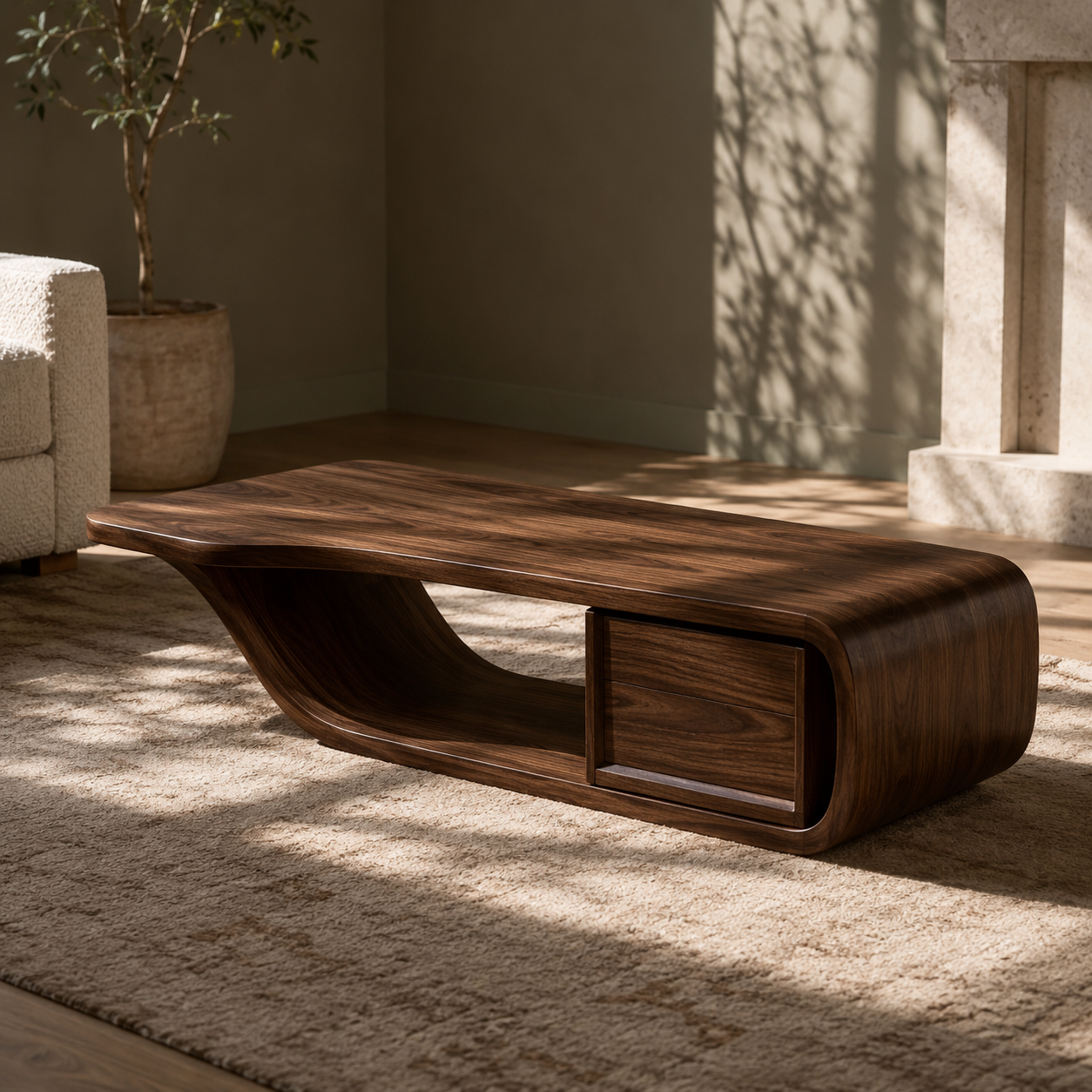 Sculptural Open Loop Solid Wood Coffee Table For Living Room