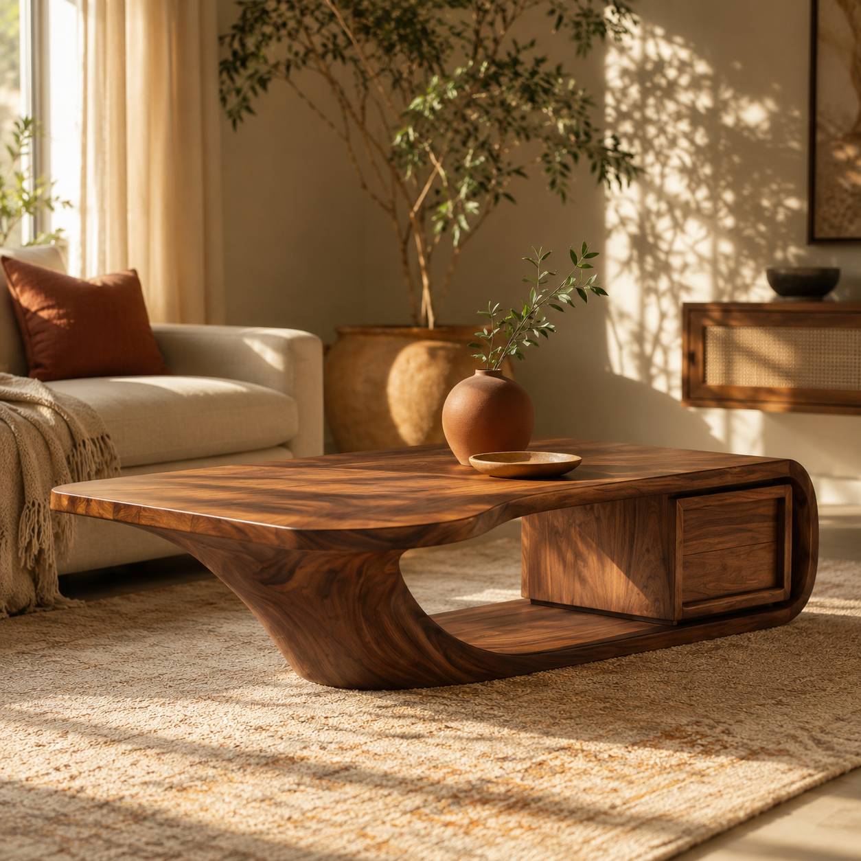 Sculptural Open Loop Solid Wood Coffee Table For Living Room
