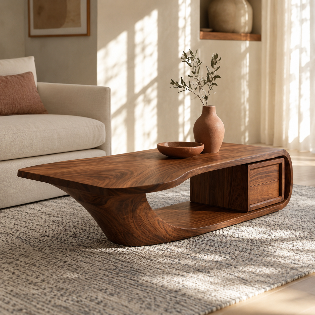 Sculptural Open Loop Solid Wood Coffee Table For Living Room