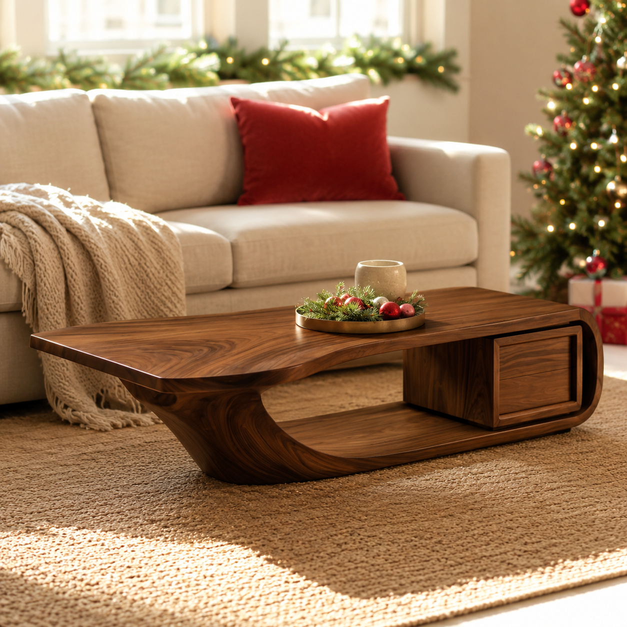 Sculptural Open Loop Solid Wood Coffee Table For Living Room