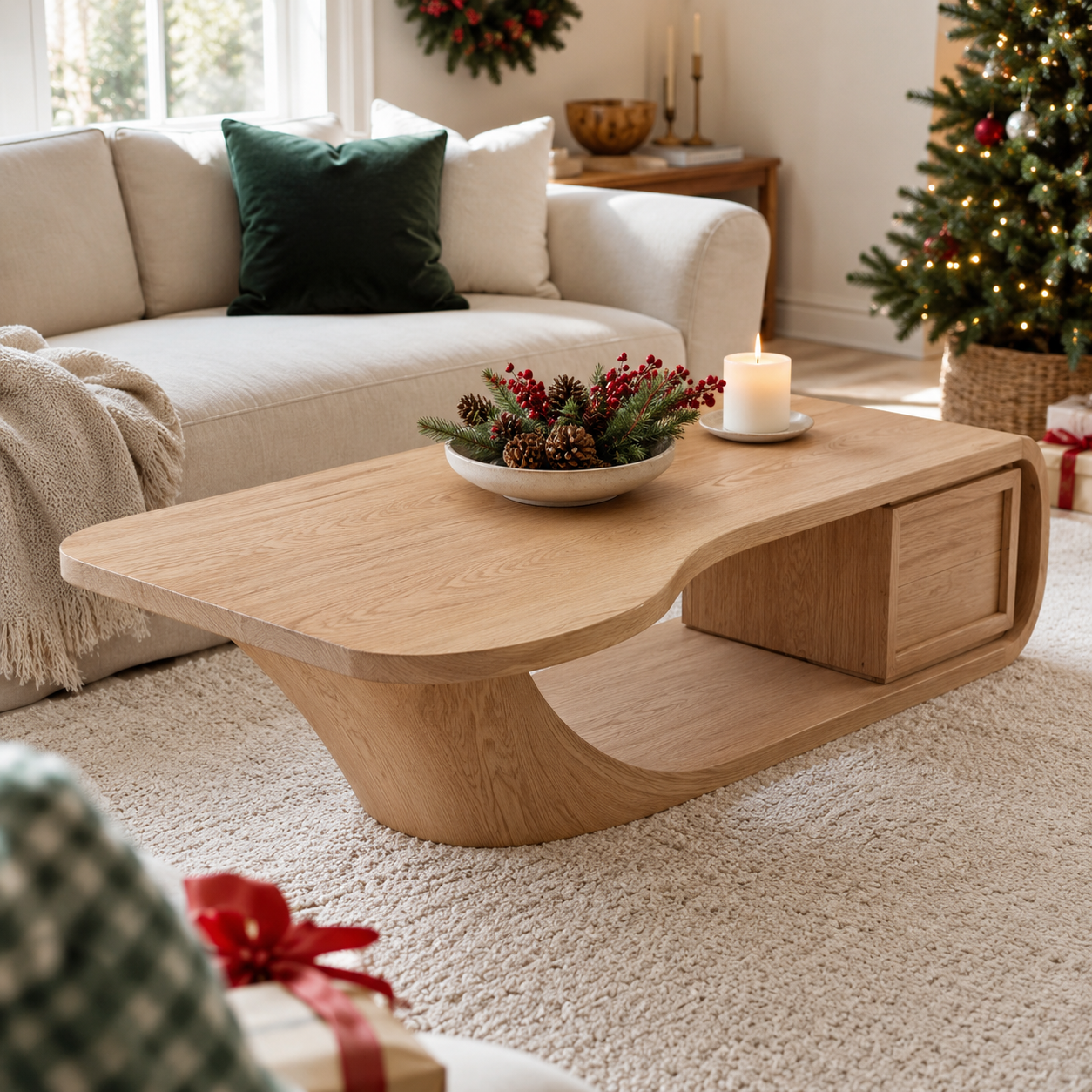 Sculptural Open Loop Solid Wood Coffee Table For Living Room