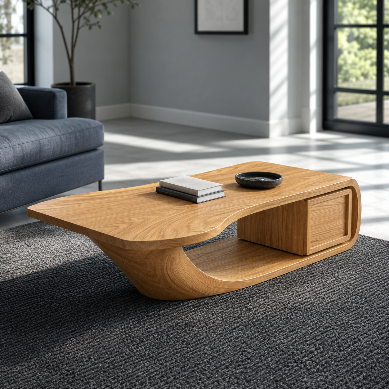Sculptural Open Loop Solid Wood Coffee Table For Living Room
