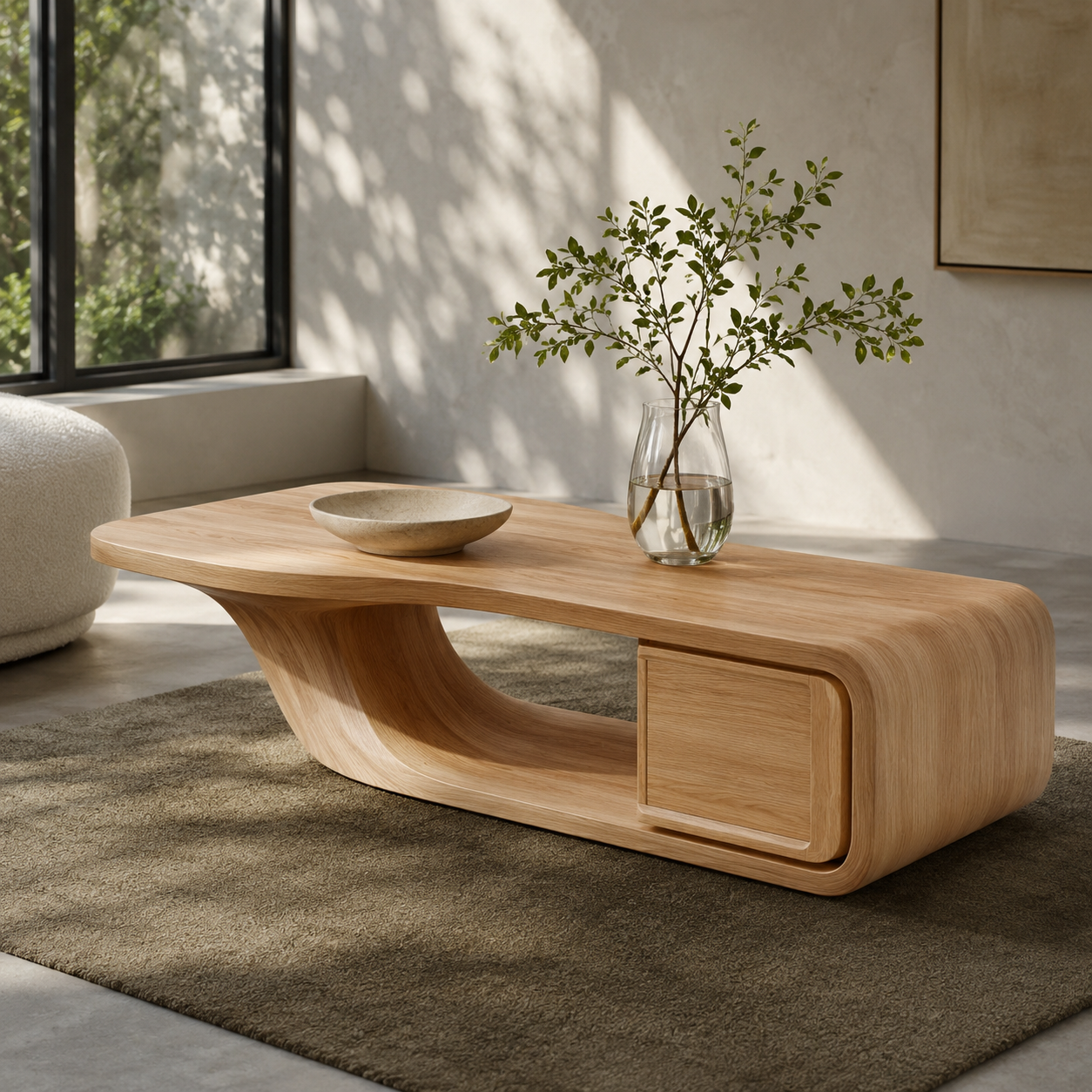 Sculptural Open Loop Solid Wood Coffee Table For Living Room