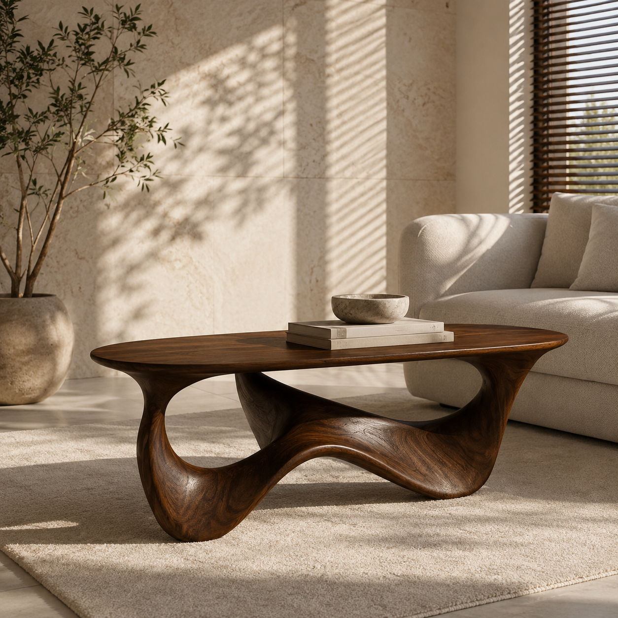 Elara Fluid Base Solid Wood Coffee Table For Living Room