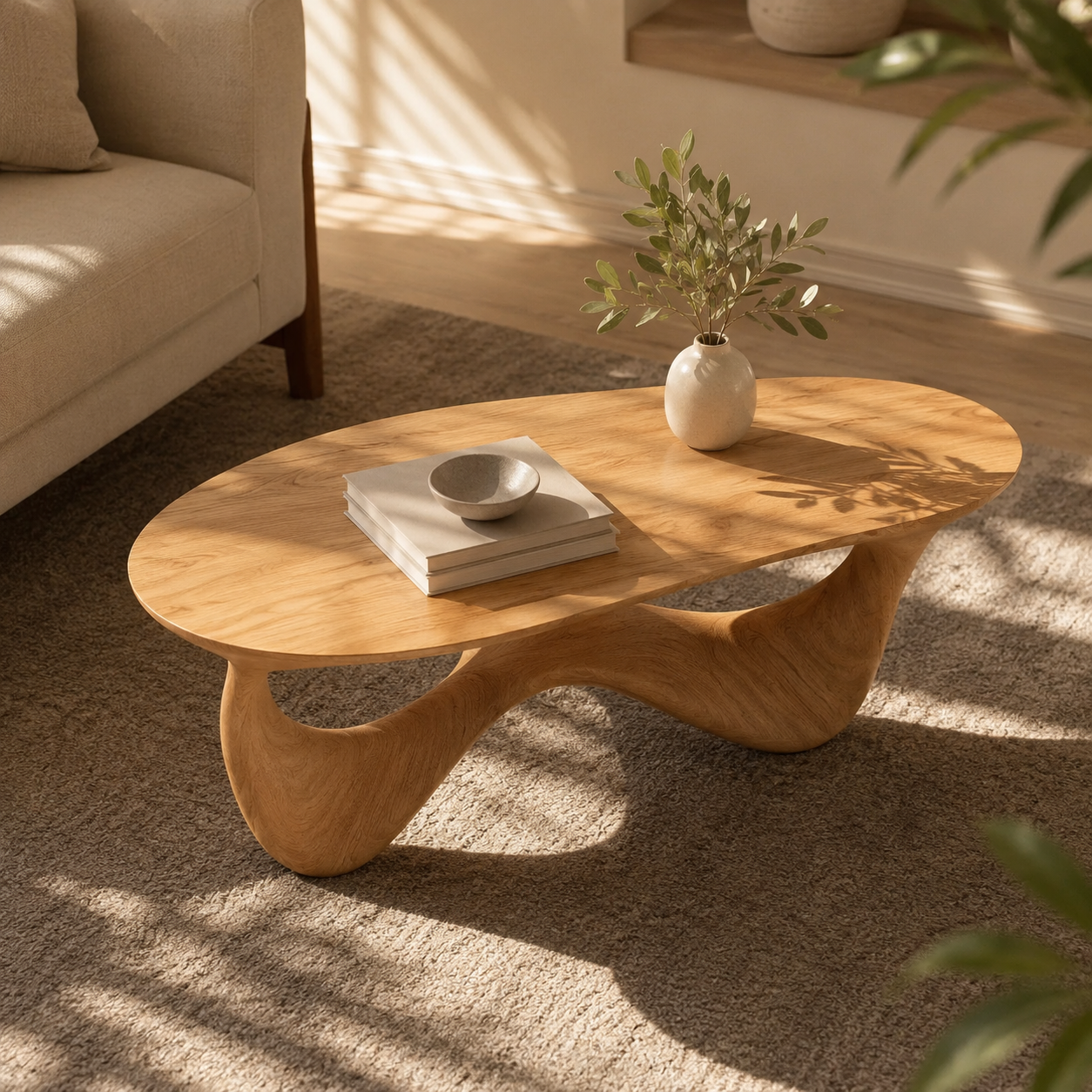 Elara Fluid Base Solid Wood Coffee Table For Living Room