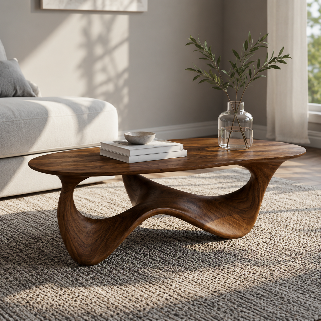 Elara Fluid Base Solid Wood Coffee Table For Living Room