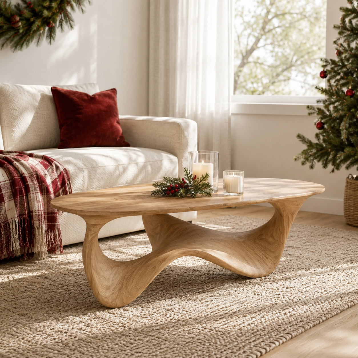 Elara Fluid Base Solid Wood Coffee Table For Living Room