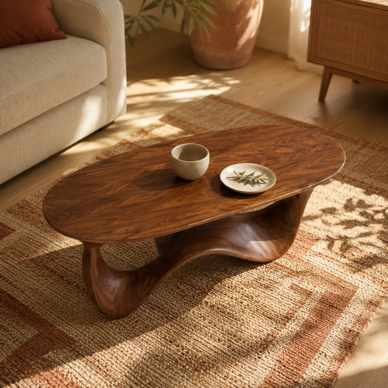 Elara Fluid Base Solid Wood Coffee Table For Living Room
