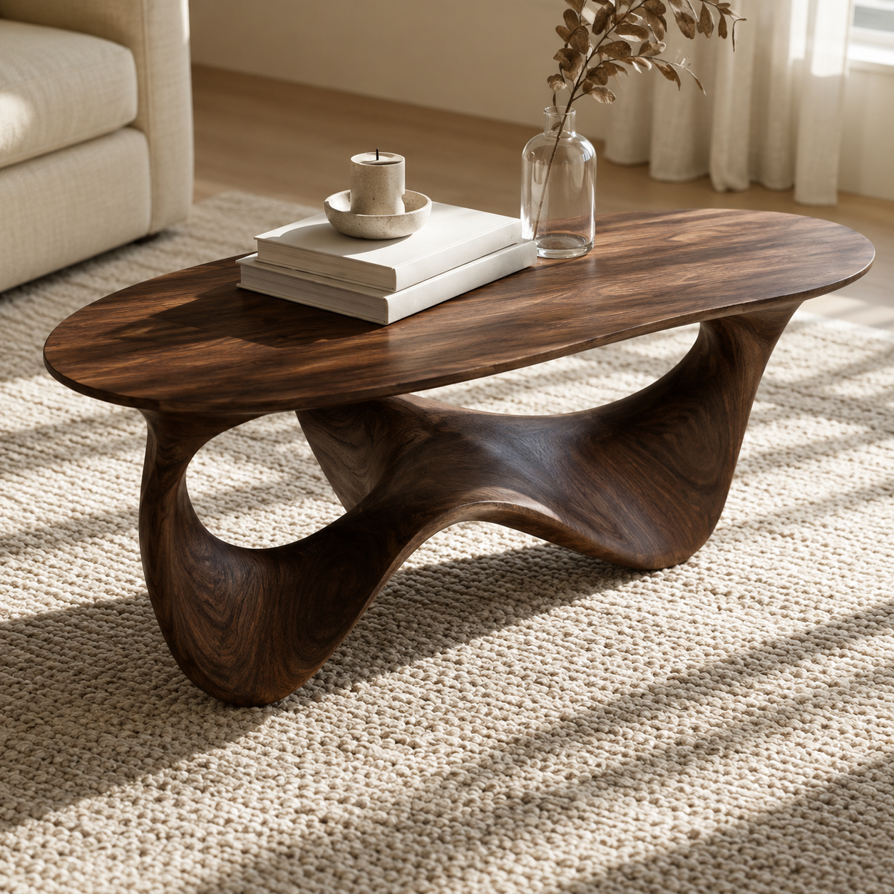 Elara Fluid Base Solid Wood Coffee Table For Living Room