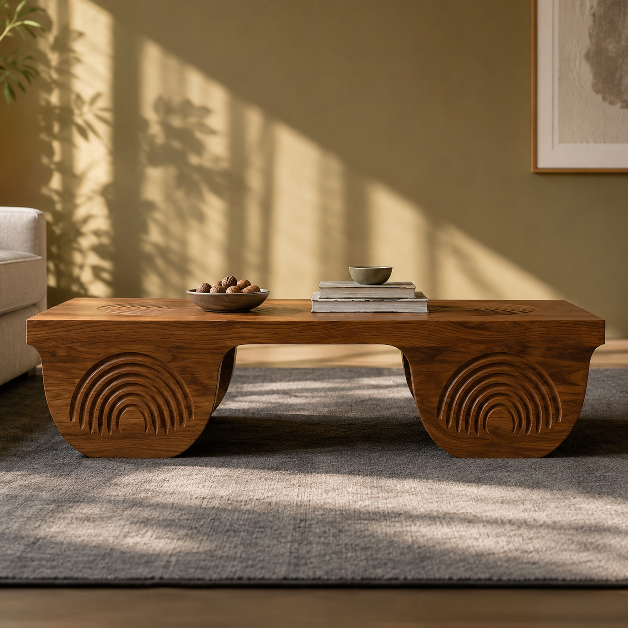 Vallis Rippled Relief Solid Wood Coffee Table For Living Room