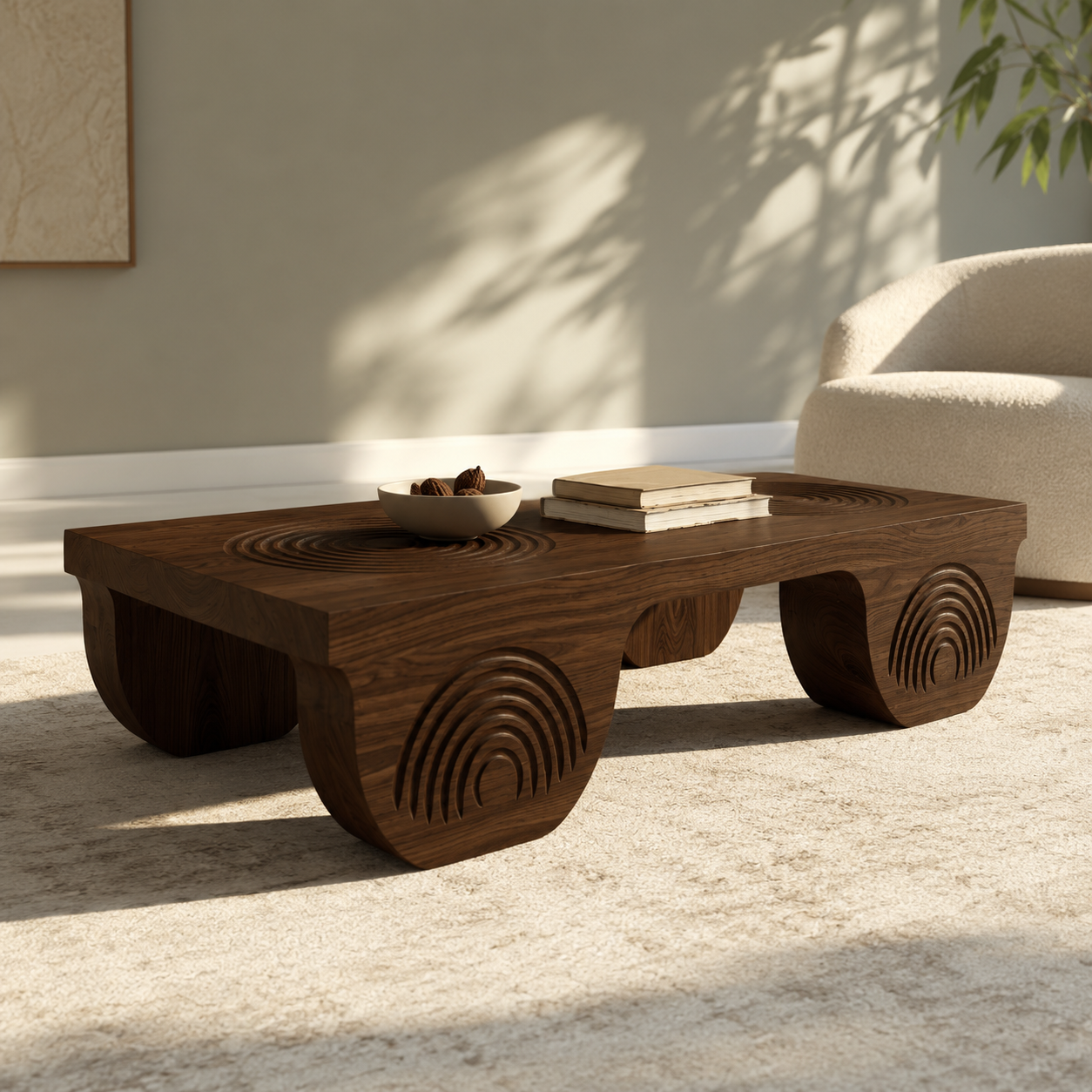Vallis Rippled Relief Solid Wood Coffee Table For Living Room