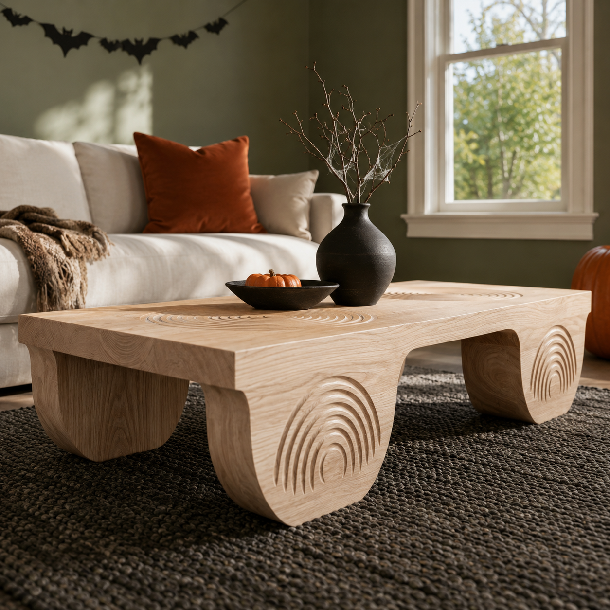 Vallis Rippled Relief Solid Wood Coffee Table For Living Room