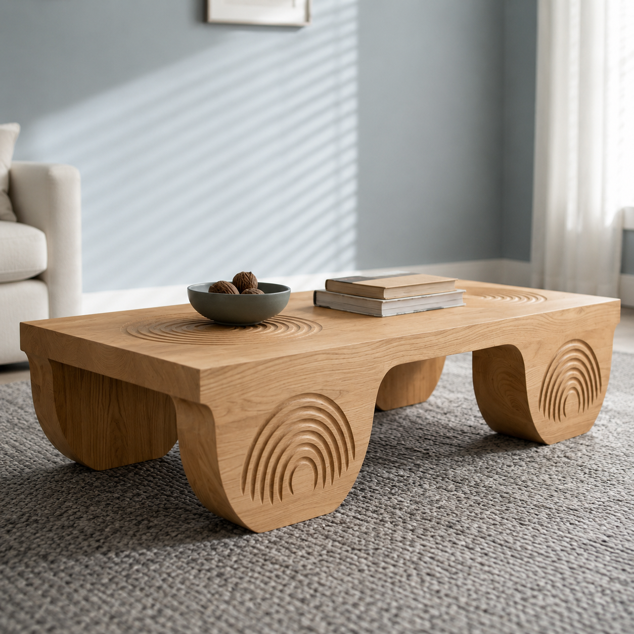 Vallis Rippled Relief Solid Wood Coffee Table For Living Room