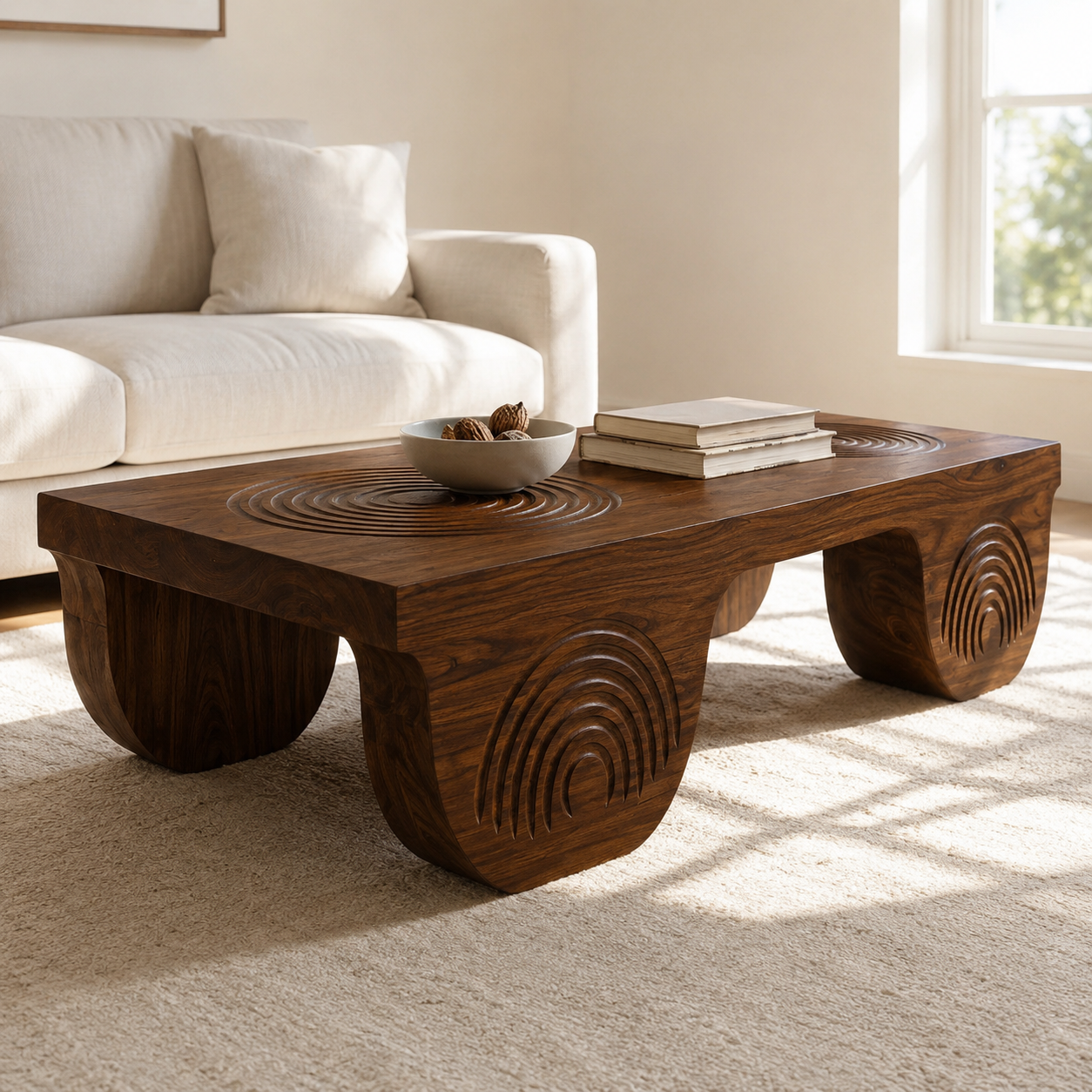 Vallis Rippled Relief Solid Wood Coffee Table For Living Room