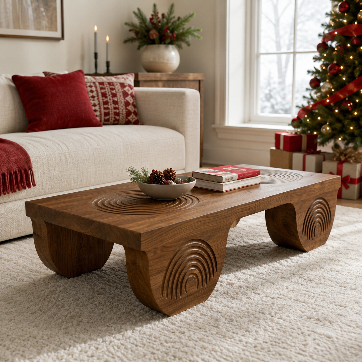 Vallis Rippled Relief Solid Wood Coffee Table For Living Room