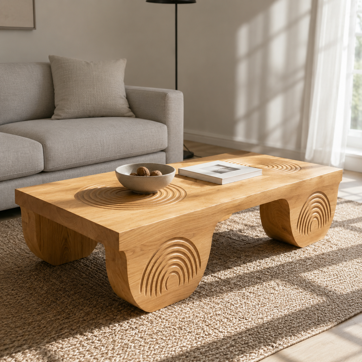 Vallis Rippled Relief Solid Wood Coffee Table For Living Room