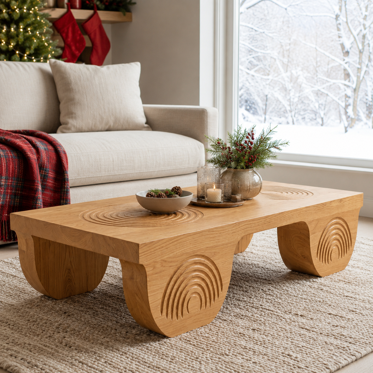 Vallis Rippled Relief Solid Wood Coffee Table For Living Room
