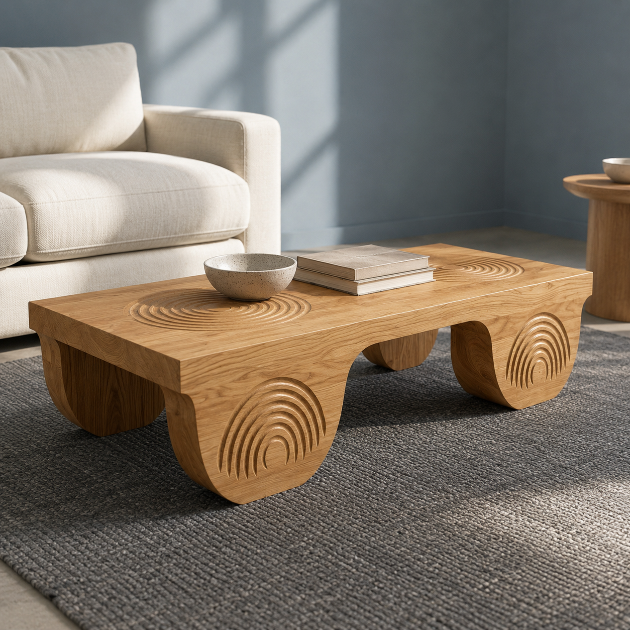 Vallis Rippled Relief Solid Wood Coffee Table For Living Room