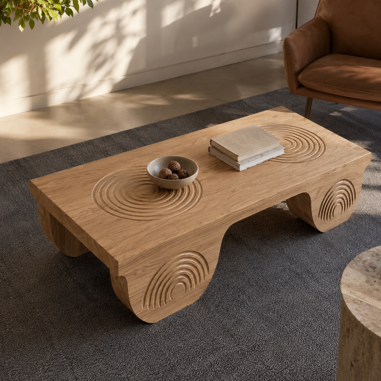 Vallis Rippled Relief Solid Wood Coffee Table For Living Room