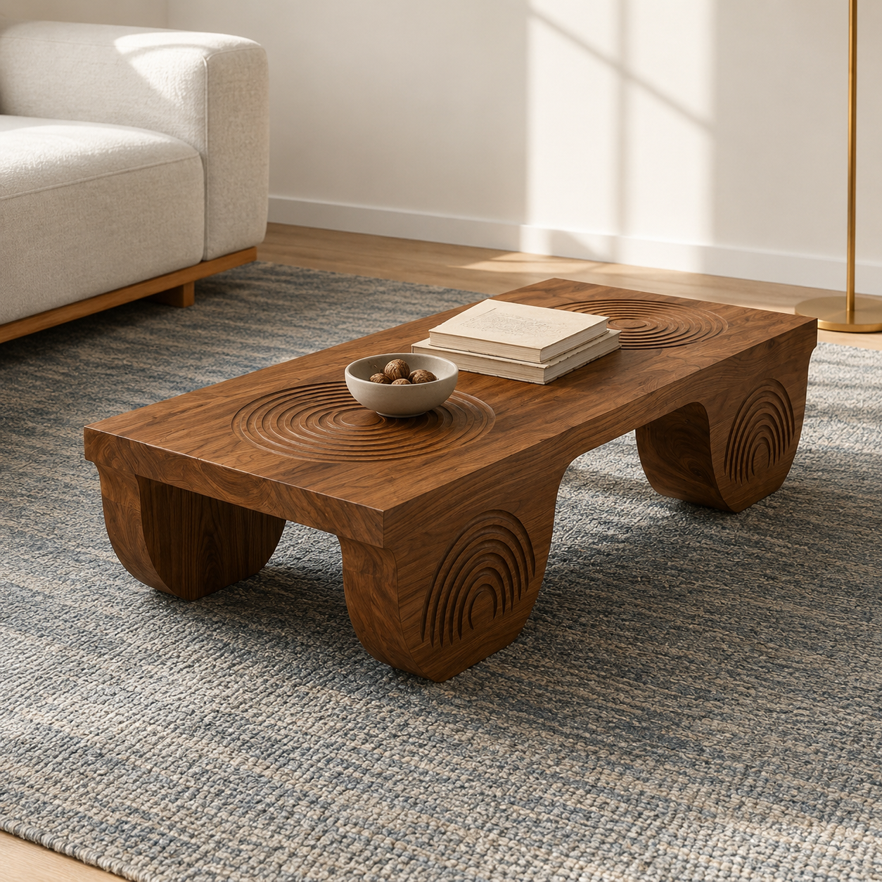 Vallis Rippled Relief Solid Wood Coffee Table For Living Room