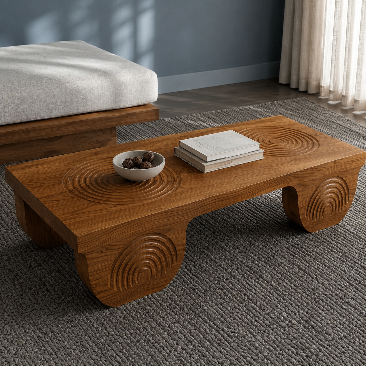 Vallis Rippled Relief Solid Wood Coffee Table For Living Room