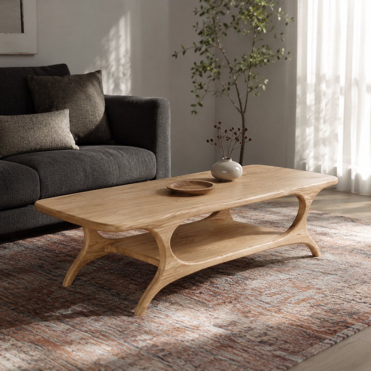 Organic Arched Frame Solid Wood Coffee Table For Living Room