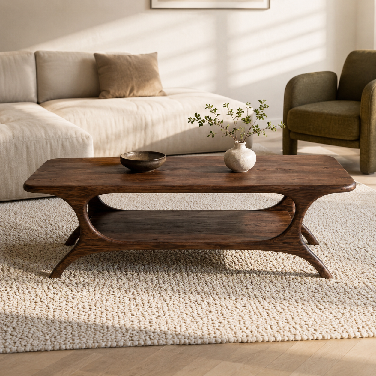 Organic Arched Frame Solid Wood Coffee Table For Living Room