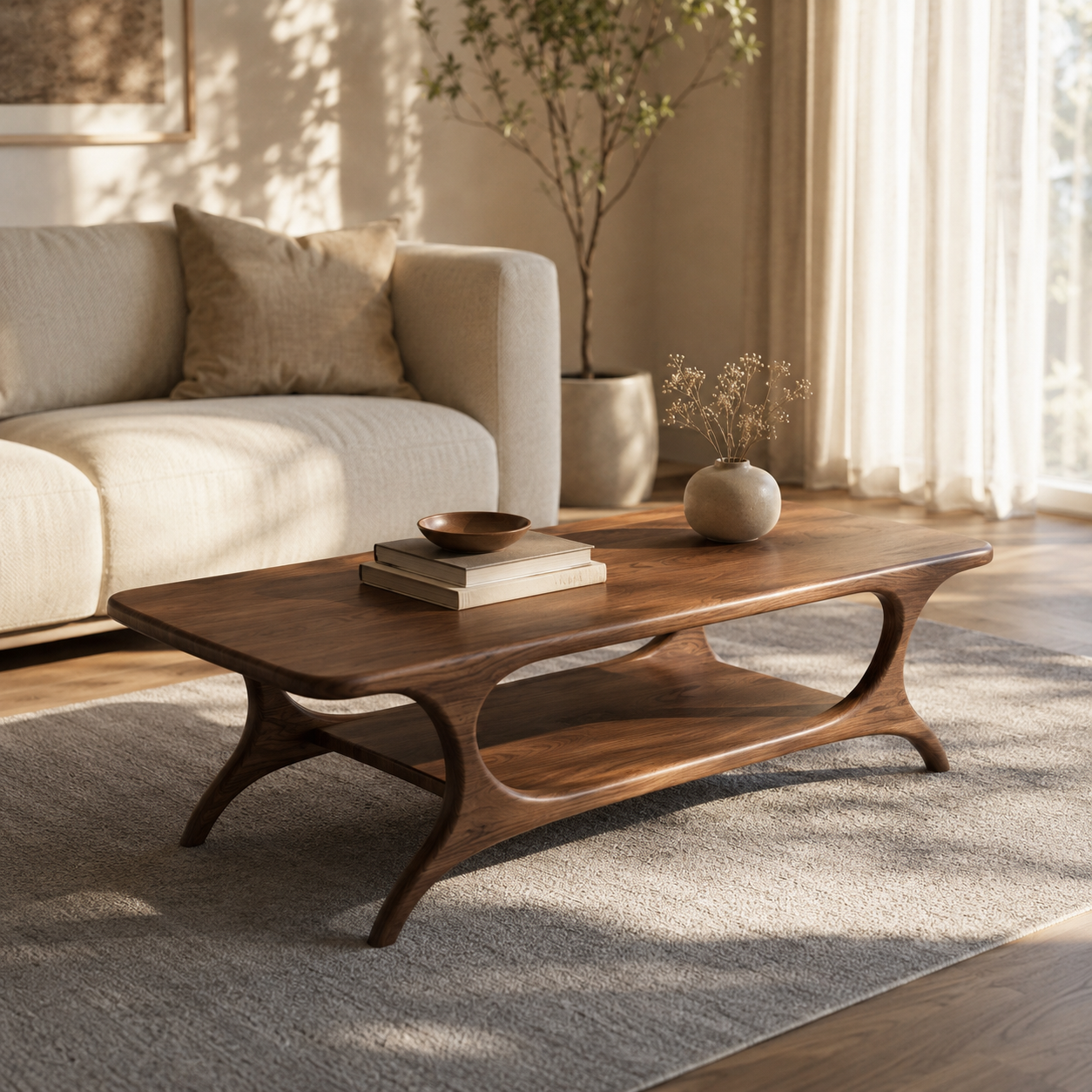Organic Arched Frame Solid Wood Coffee Table For Living Room